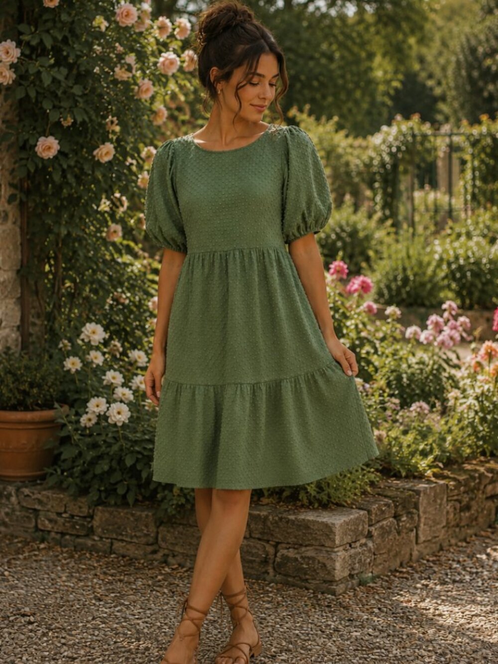 J Crew Factory Clip-Dot Dress in Green Short Sleeve Midi Size S Prarie Chic Soft